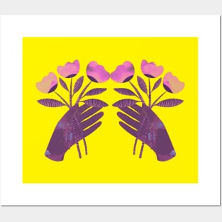 Purple hand with pink and yellow flowers for you on yellow Posters and Art